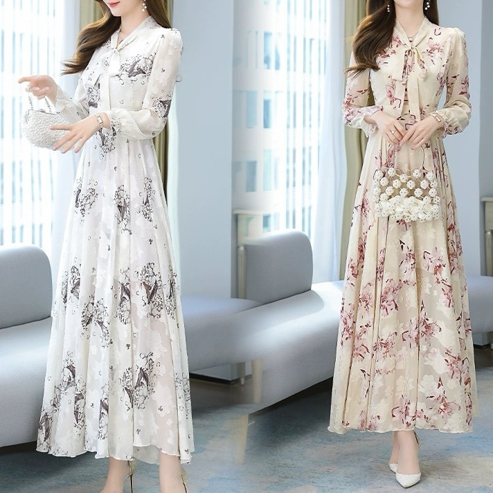 レディース ワンピース ロング 長袖 パフスリーブ フリル袖 Vネック ボウタイ フレア Aライン ハイウエスト シフォン きれいめ 上品 おしゃれ エレガント 主役級 存在感 プリンセス