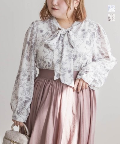 大きいサイズ レディース LL 3L 4L XL XXL XXXL CLETTEオリジナル前後2WAY花柄リボンブラウス