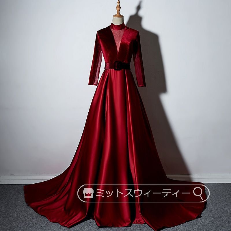 Aラインドレス カラードレス 床付き/トレーン ベルベット 舞台 声楽 ロングドレス 演奏会 コンサ