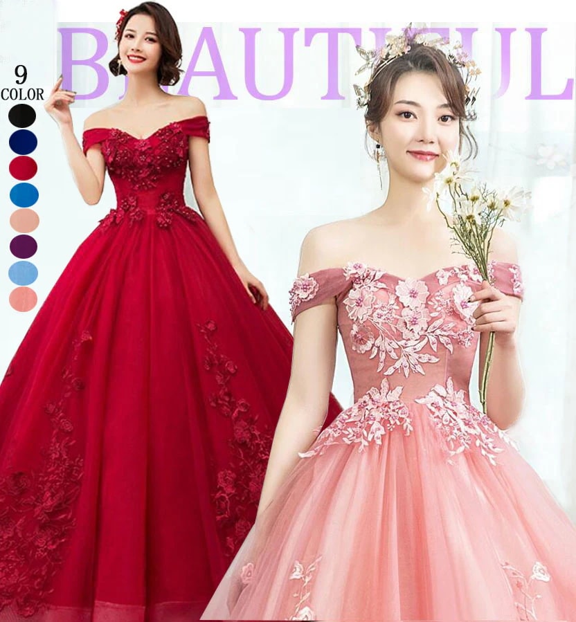 カラードレス ロング パーティードレス 花モチーフ ビーズ 可愛い ボリューム Aライン ロングドレス 大人 結婚式 パーティー 二次会 お呼ばれ 発表会 演奏会 新年会 ドレス 演出 ダンス