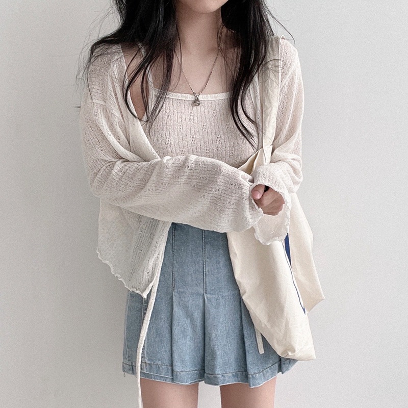 アンサンブル トップス カーディガン キャミソール ボレロ 胸元リボン 透け感 シースルー Vネック 袖あり 長袖 Vネック ストレート 前開き ボタン ニット 可愛い かわいい シンプル カジュアル