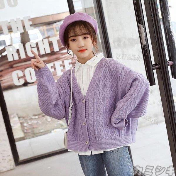 韓国子供服 セーター キッズ 女の子 ニットカーディガン スウィート パープル Vネック 女の子 ト