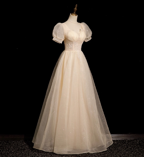 カラードレス シャンパン色 Aライン キラキラチュール 繊細レース ロング 演奏会/音楽会