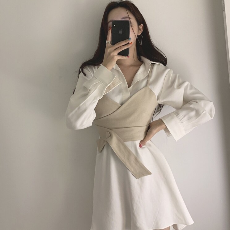 ワンピース ウエスト ショートワンピース スカート ウエストマーク 膝上 長袖 秋冬