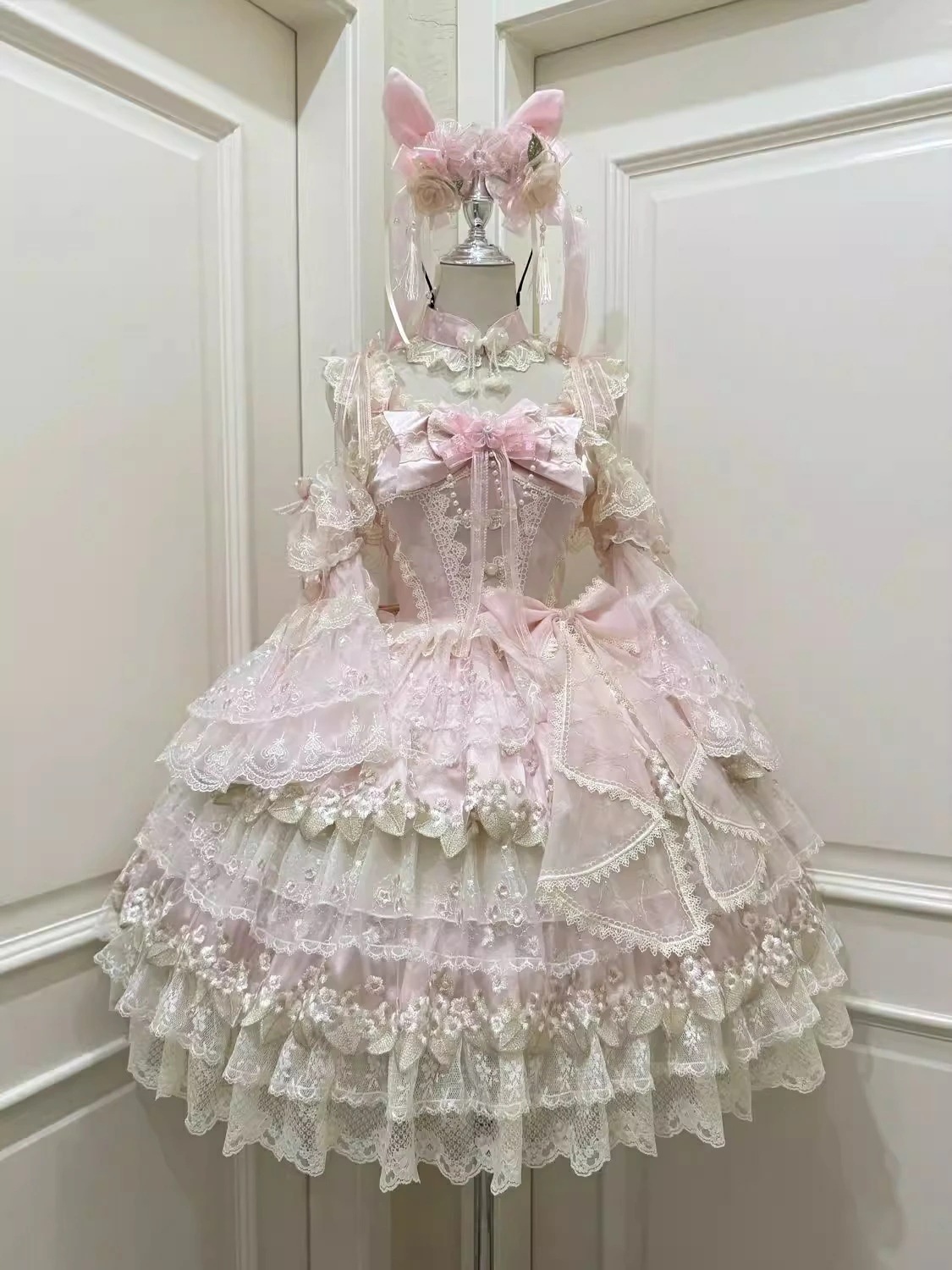 【新作登場 最安値】中華ロリータ服 ドレス ワンピース ジャンパースカート フリル ピンク レース裾 付け袖 お姫様 プレゼント 誕 豪華的 可愛い 萌え萌え 中華モチーフ リボン ふわふわ コスプレ