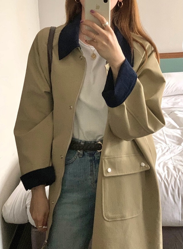 アウター コート ステンカラーコート 上着 膝丈 ひざ丈 膝上 長袖 萌袖 襟付き ワイド ファスナー ポケット 前開き 大人可愛い シンプル カジュアル おしゃれ お洒落 大人女子 こなれ感 ラフ