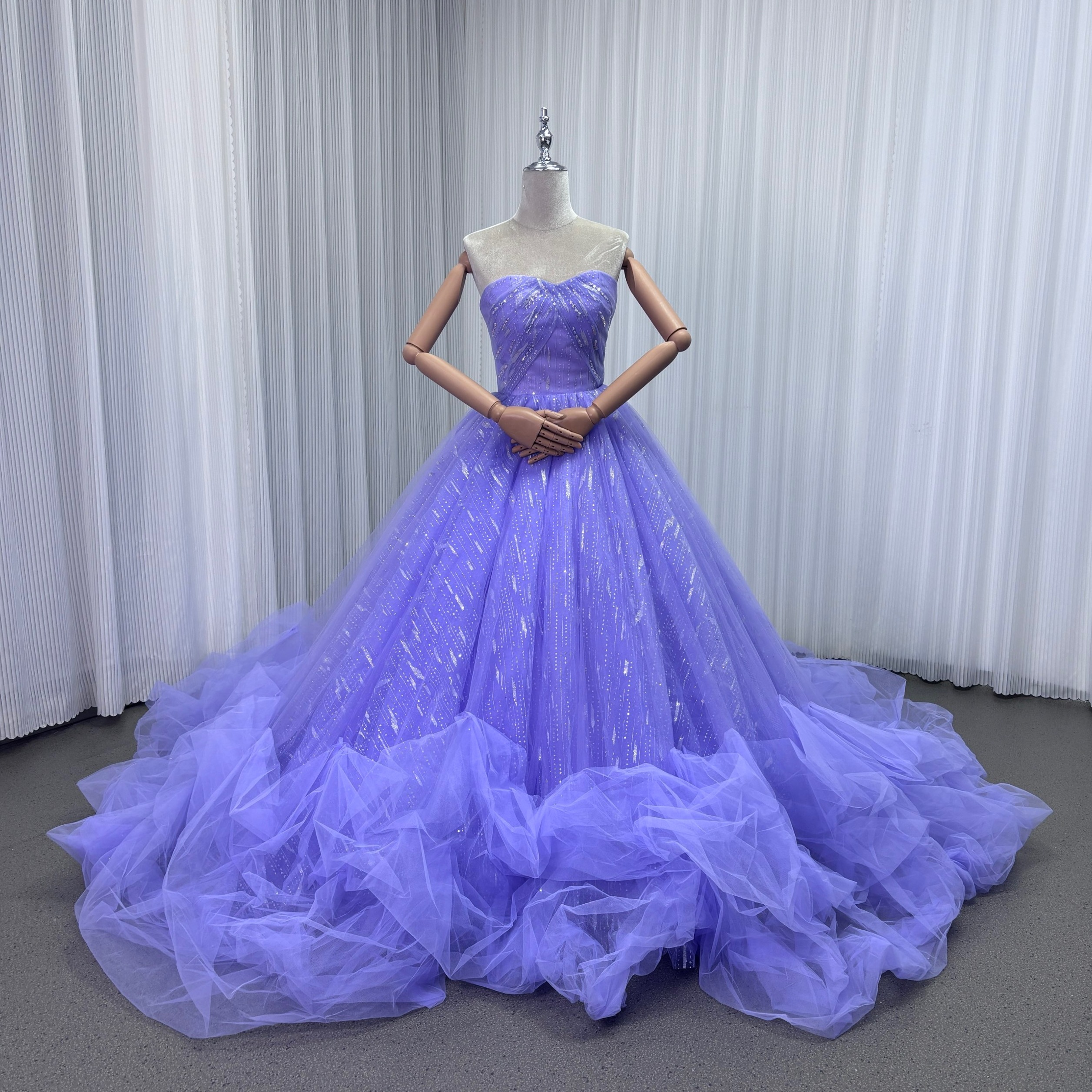 カラードレス パープル ビスチェドレス シークインチュール アシンメトリー風 編み上げ 華やかなトレーン 花嫁 前撮り