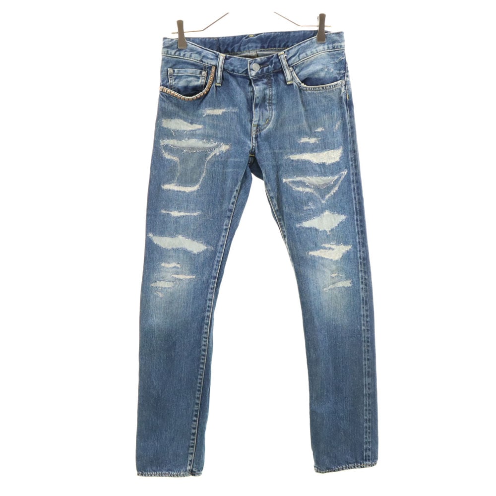 日本製 リペア加工 デニムパンツ S ウォッシュブルー ボタンフライ スタッズ付き レディース