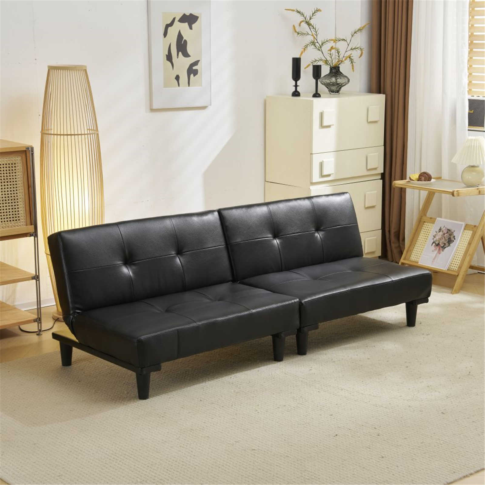 【日本国内出荷-3日で配達】PUソファベッド ソファ ベッド 2人 リクライニングソファ 背もたれ3段階と肘掛けが6段 階に調節可能で 横方向 縦方向の組み合わせが可能で ブラック DJYC163