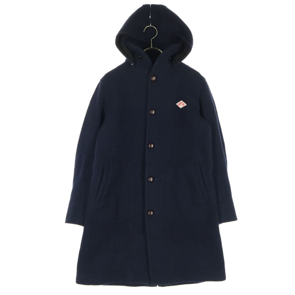 日本製 長袖 ウール モッサ ロングコート 34 ネイビー フーディー取外し可 レディース 古着