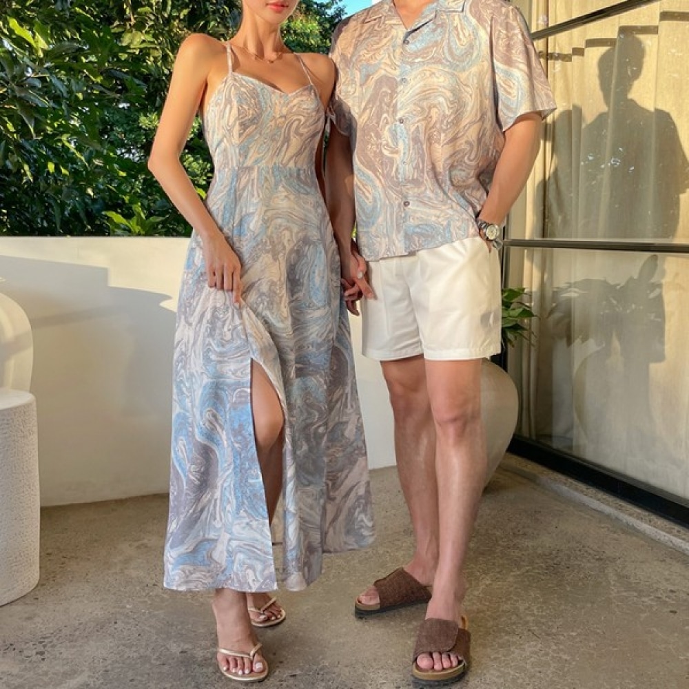 (Vivarup) ペイズリーバッククロスハネムーン類似カップルルック OP20115F サマーストラップオフショルダーマーブルロングシードレスバックレスハネムーンリゾートバケーションビーチウェア