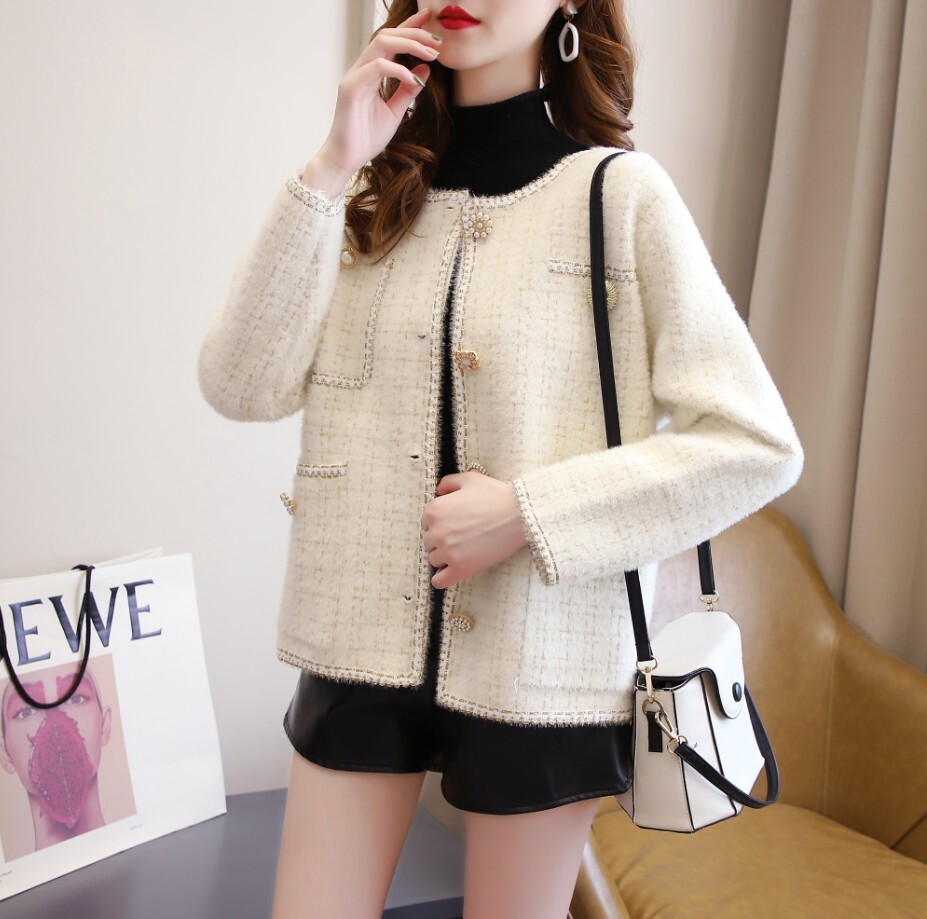 トップス アウター ジャケット 上着 ミディアム丈 袖あり 長袖 ラウンドネック 襟なし ノーカラー ストレート ふわふわ 前開き ツイード かわいい 大人可愛い きれいめ シンプル カジュアル 上品