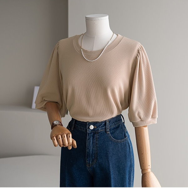 トップス カットソー 袖あり 半袖 パフスリーブ クルーネック 襟なし 伸縮性 きれいめ シンプル カジュアル 大人 上品 おしゃれ お洒落 大人女子 こなれ感 マニッシュ ガーリー クール モード系