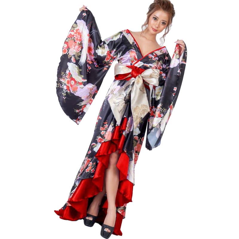 サテン和柄フリルロング着物ドレス 衣装 ダンス よさこい 花魁 コスプレ キャバドレス [0712]