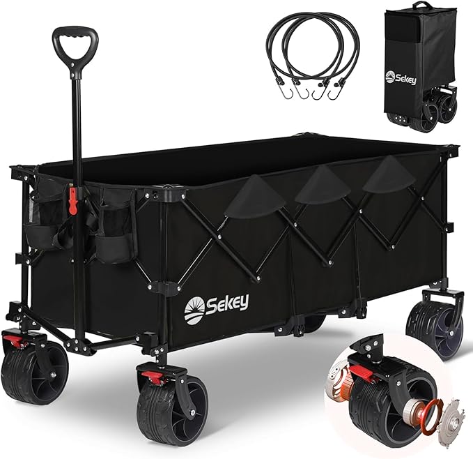 荷室の長さ120cm】 長物対応 キャリーワゴン 【幅10cmのブレーキ付き極太ノーパンクタイヤ】 【ベアリング付き】 深型 【収納サイズが類似品で最小級】 ワンタッチ収束型 自立収納 アウトドアワゴ