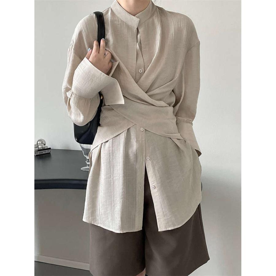 シャツ ブラウン 長袖 バンドカラー チュニック レディース トップス 夏 秋 春 無地 長袖 オシャレ デザイン シンプル カジュアル 着回し 華奢見え 体