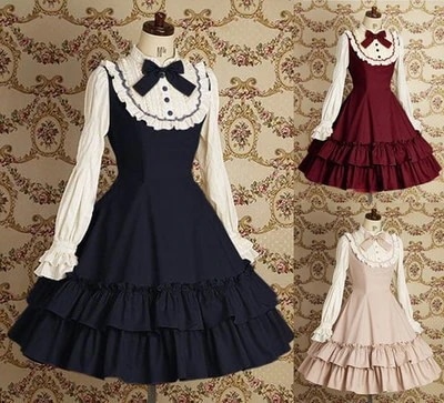 ロリータドレスカレッジデイリードレスフェイクツーピース長袖スリムレディドレスワンピースドロップシッピングロールプレイ