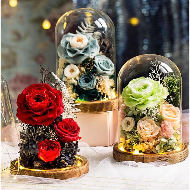短納期 ドライフラワー プリザーブドフラワー ボックスプセント ローズ 薔薇 LEDライト付き 母日 ガラスドーム ケース入り バラ 花