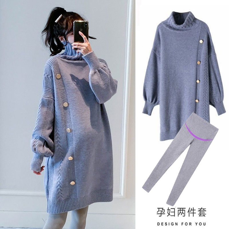 妊娠中の女性の秋のスーツファッショナブルなウエスタンスタイルのタートルネックのドレスミドル丈のマタニティトップス秋と冬の厚いセーター 母の日 母の日-0008894