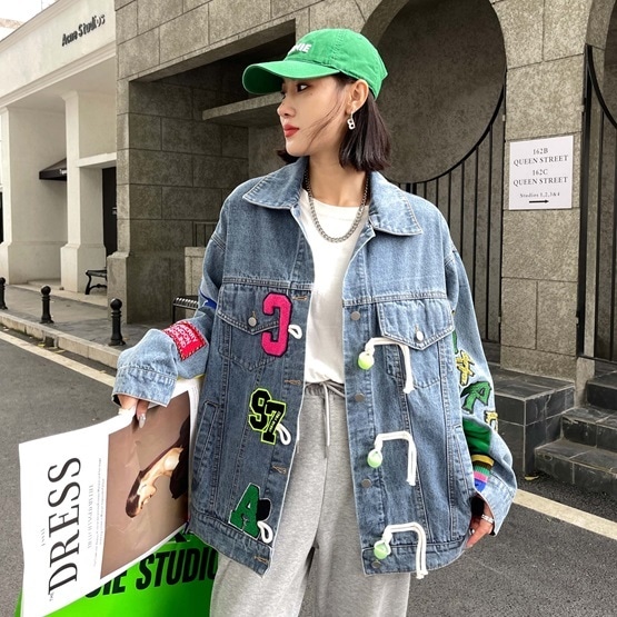 レディース ジャケット アウター 上着 羽織 前開き デニムジャケット 長袖 襟付き ワイド ストリート デニム ブルーデニム 厚手 大人可愛い カジュアル おしゃれ かっこいい こなれ感 ラフ