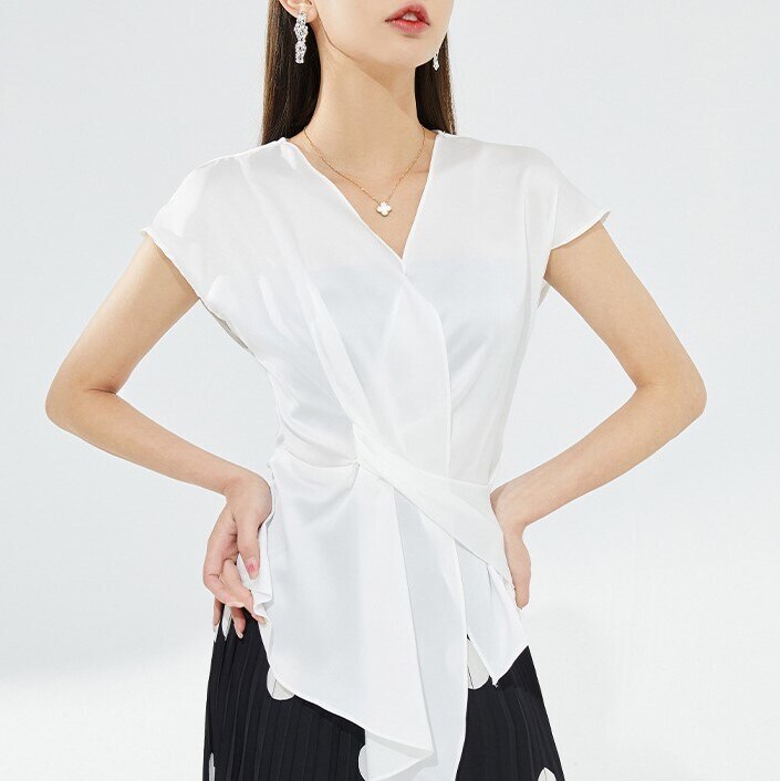 トップス シャツ ブラウス レディース 春夏 きれいめ 半袖 ノースリーブ Vネック 切り替えデザイン 透け感 ホワイト M L ジャスト かわいい 大人可愛い きれいめ シンプル 大人 上品 おしゃ