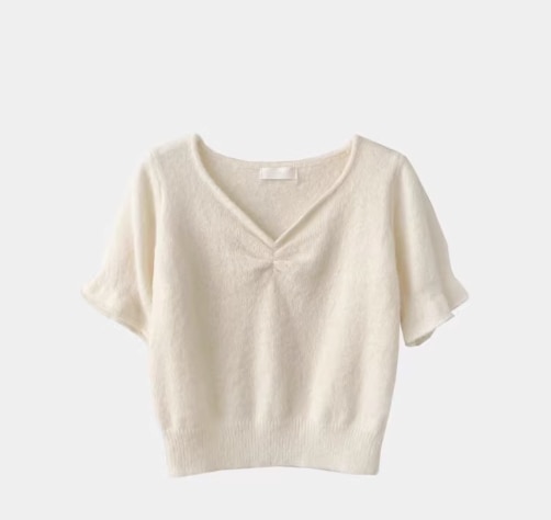 レディース トップス ニット セーター プルオーバー ショート 半袖 バルーン袖 Vネック 襟なし ノーカラー 細身 中厚手 ニット かわいい 大人可愛い シンプル カジュアル ガーリー 無地 春 秋 8,234円