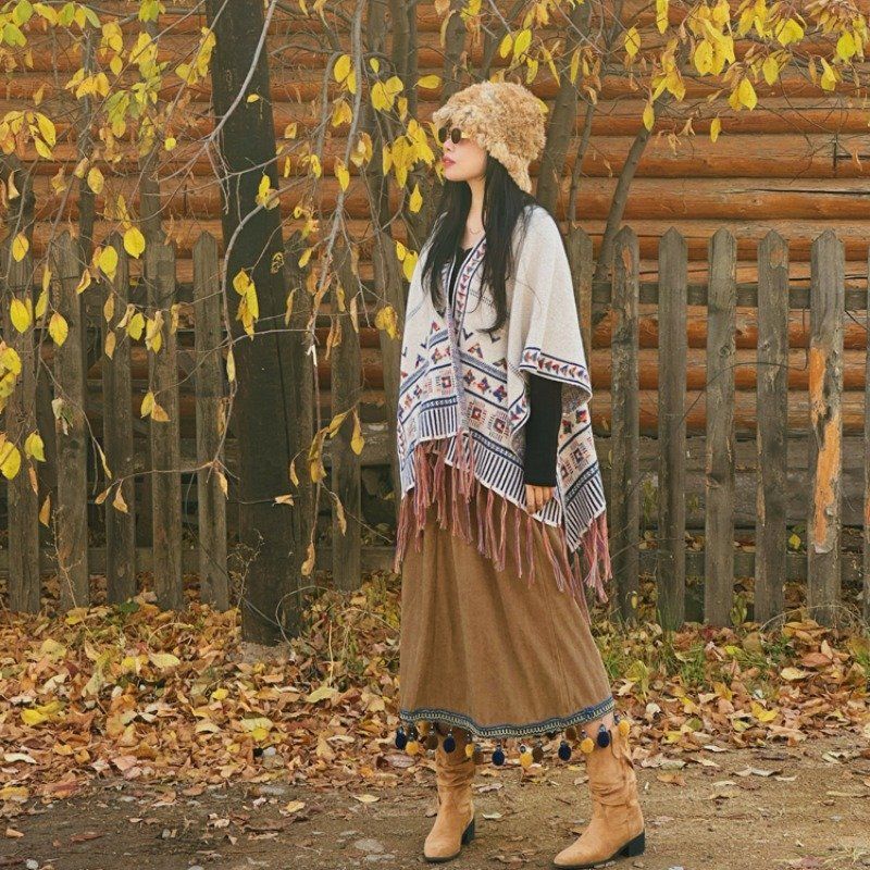 エスニックスタイルの旅行用衣装レトロなタッセル付きロングケープ，旅行写真撮影にな暖かいショール