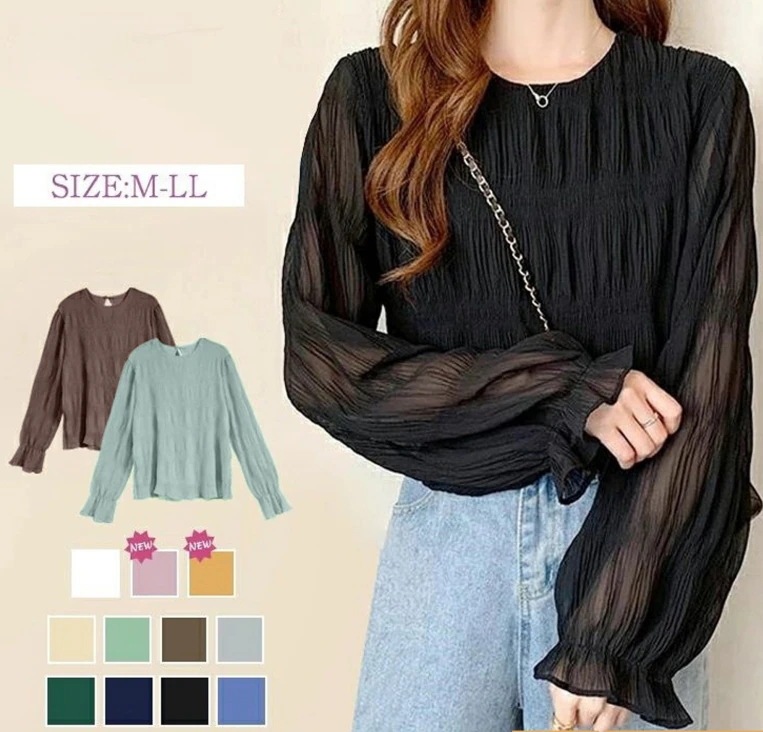 【新作入荷】3枚購入で2 0 0円OFF! 2025改良型 ブラウス ギャザー トップス プルオーバー レディース 長袖 夏 秋服 裏地付き ラウンドネック シャーリング 透け感 シアー フリ