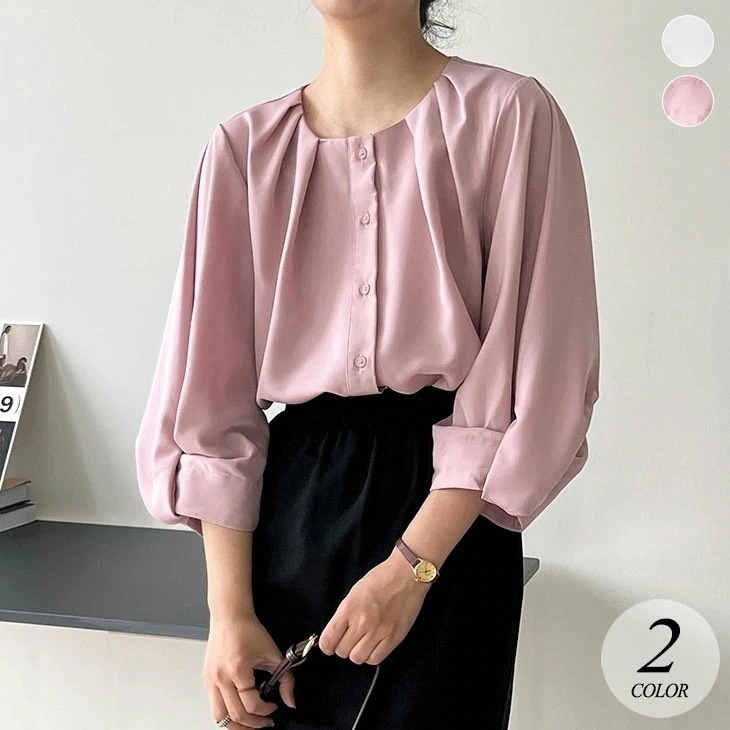 【2025新作 急速出荷】ボリューム袖 ギャザー ブラウス 七分袖 トップス シャツ ボリュームスリーブ パフスリーブ 長袖 無地 可愛い フェミニン きれいめ 春 秋 冬 レディース 韓国ファッショ