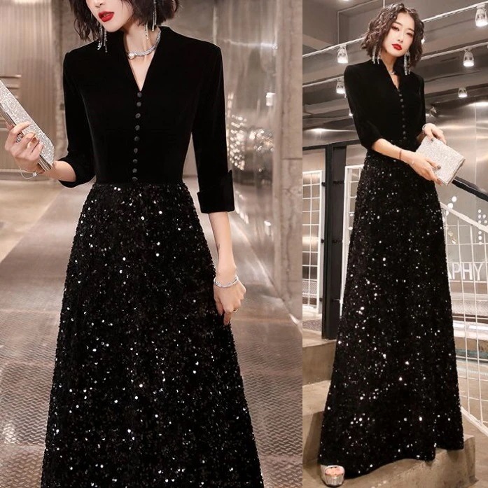 【3日出荷 新作発売】-パーティードレス ロング ロングドレス 韓国 黒 結婚式お呼ばれドレス 演奏会 ドレス ブラックドレス イブニングドレス ワンピース ロング丈 マキシ丈 20代 30代 40代