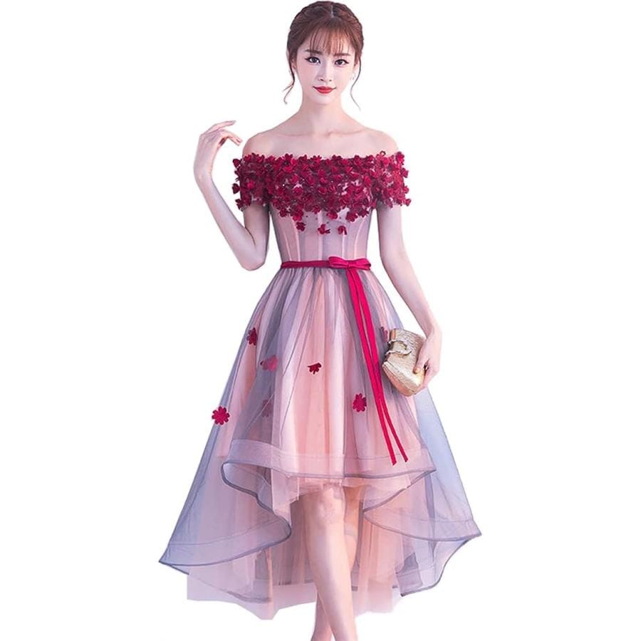 レディース イブニングドレス ロング ワンピース レース ボートネック ウェディングドレス ショート フォーマル 着痩せ ドレス 結婚式