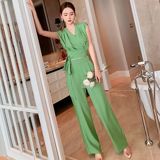 【取寄：納期2週間】結婚式ドレス ノースリーブ パンツドレス Vネック ハイウエスト ワイドレッグ 発表会 演奏会 レディース 結婚式 ステージ衣装 ロング丈 エレガント ウエディングドレス