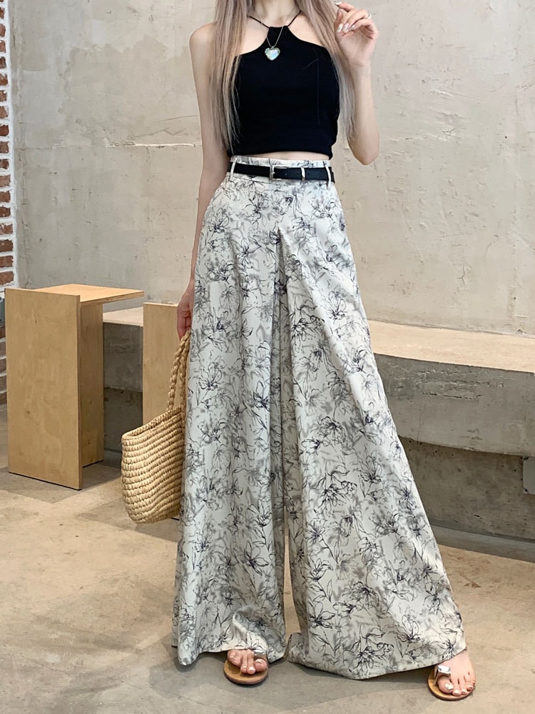 パンツ ズボン ガウチョパンツ ロング丈 ワイド ベルト ポリエステル 大人可愛い カジュアル おしゃれ アジアン クール 花柄 春 夏 レディース デート お出かけ 休日 旅行 普段使い 韓国