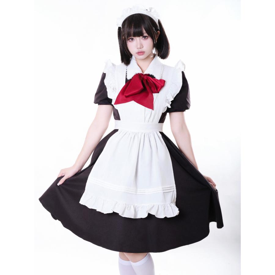 高品質 メイド服 メイド ゆめかわいい ワンピース エプロン カチューシャ リボンタイ 4点セット 半袖 定番 クラシック ロリータ Lolita
