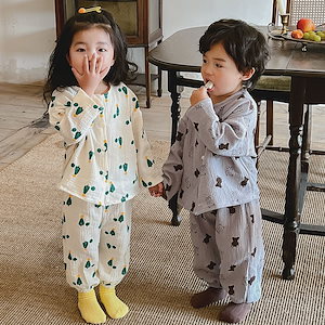 子供用パジャマ綿二重ガーゼ男の子女の子韓国版春秋ゆったり子供カーディガン部屋着セット