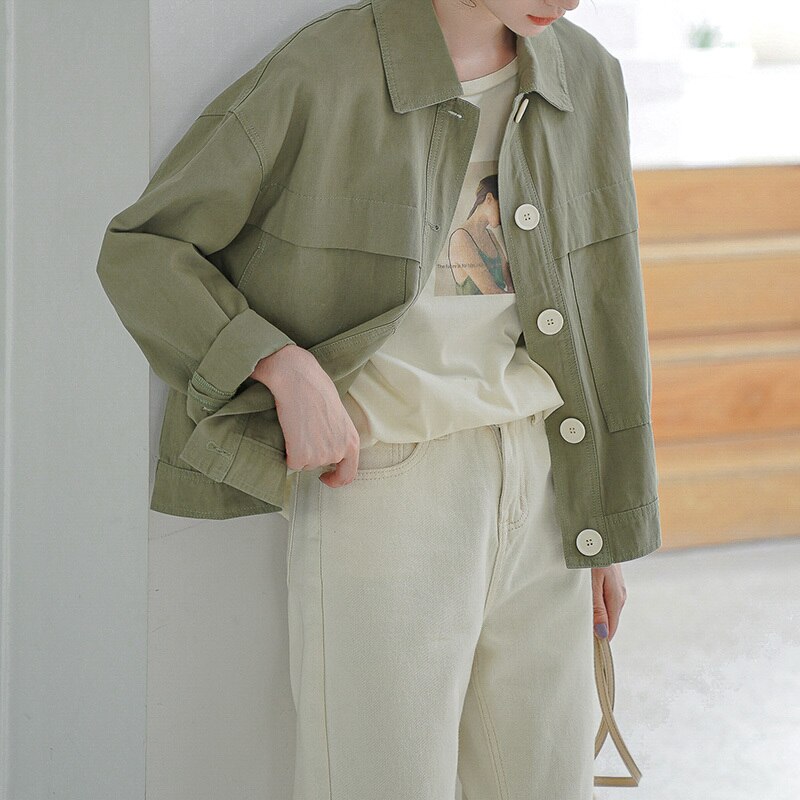 アウター ブルゾン ジャケット シャンパー レディース 春 かわいい きれいめ 軽い ワークジャケット レギュラー丈 七分袖 長袖 ドロップショルダー 襟付き ボタンダウン レギュラーカラー BIGシ