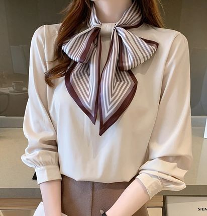 トップス レディース ブラウス カットソー 袖あり 長袖 ハイネック スタンドカラー リボンタイ 細身 リボン きれいめ シンプル 大人 上品 おしゃれ お洒落 大人可愛い 大人女子 こなれ感