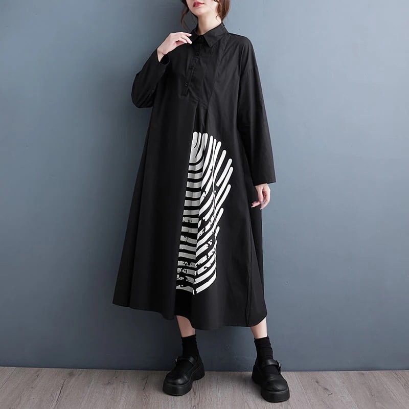 ブラックプリントプリーツAラインMIDIシャツドレス 1colorプレゼント 個性的なデザイン ステージ衣装 演出衣装 イベント こせい 個性 特徴あり 新作 TV 主演 ステージ衣装 舞台 おしゃれ