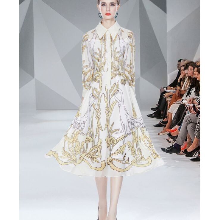 白鳥柄シャツミディワンピース ワンピース ワンピ 入学式 結婚式 入園式 卒業式 二次会 OL オフィス レディース 春 夏 秋 冬