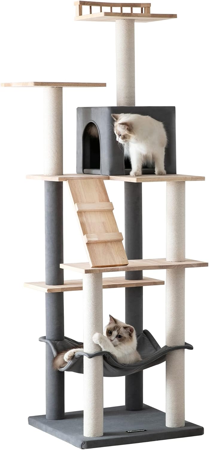 Mwpo キャットタワー 木製 キャットタワー シンプル 自然 天然木 大きいハンモック キャットランド 据え置き スリム設計 ベッド 人気 多頭飼い (高さ162cm) 綿紐 130Pro（グレー）