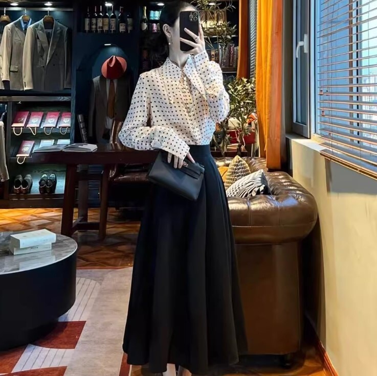 シャツ スカートス 2点セット セットアップ ツーピース ドット柄 シャツ ロングスカート ロング丈 長袖 かわいい 大人可愛い きれいめ シンプル カジュアル 大人 上品 おしゃれ お洒落
