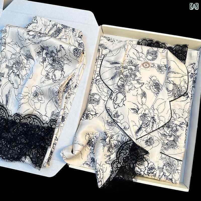 シルク　パジャマ　レディース 初秋 女性用 パジャマ 冷感 長袖 ズボン スーツ な 水墨 画 レースエッジ カジュアル ホームウェア