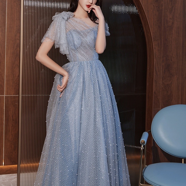 ドレス 衣装 イブニングドレス ロングドレス 半袖 肩リボン 胸元 シースルー 透け感 切り替えデザイン パール ロング丈 ステージドレス 発表会 かわいい 大人可愛い きれいめ シンプル 上品