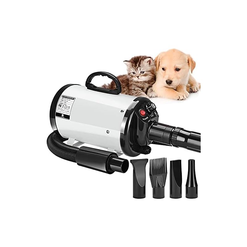 ペットドライヤー ペットヘアードライヤー ペットブロワ 無段階風速制御 30-55℃温度可調整 ノズル4種付き 100v/700-1500w 日本語説明書 犬/猫兼用 ホワイト