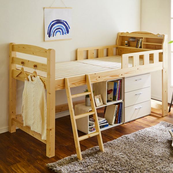 ミドルベッド[ナチュラル]カントリー調 棚付き ライト付き 2口コンセント付き