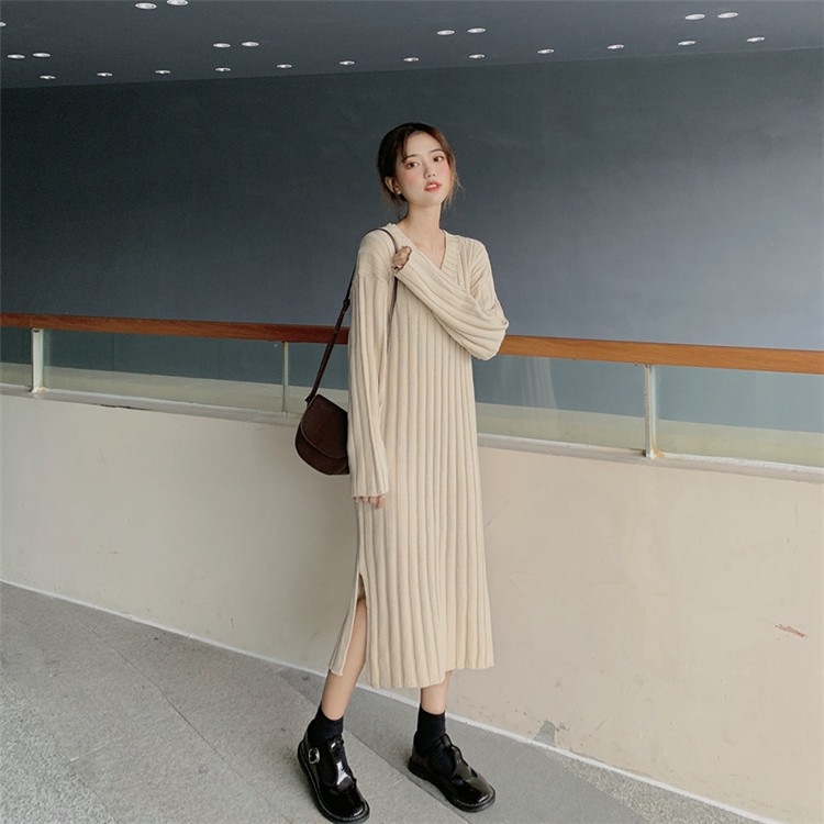 キレイめスタイルに細身効果 ニットワンピース スプリット エレガント 上品 ワンピース 激安通販専門店 着痩せ 新作