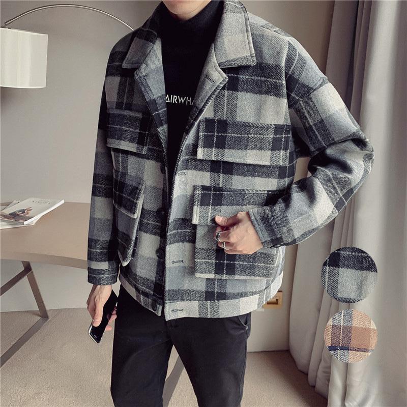 メンズジャケットコートチェック柄ビジネスジャケットラシャコートメルトンコートイギリス風細身スリム通勤アウター個性紳士防風防寒春冬作