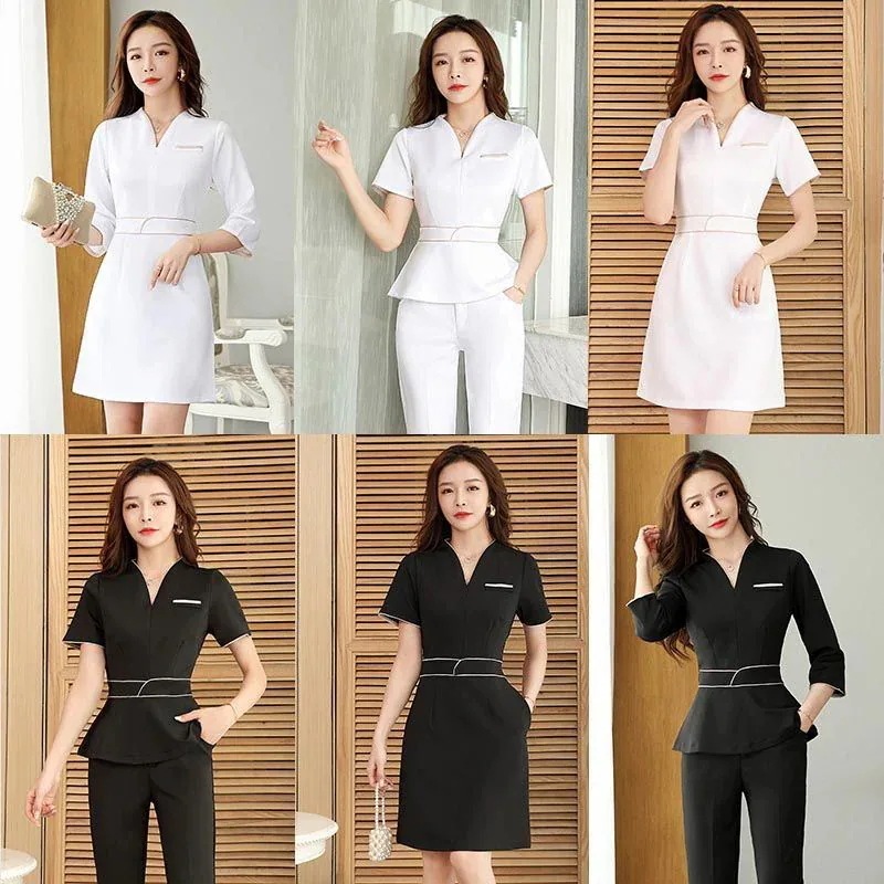 サロン通勤 半袖 制服おしゃれ ジャケット レディース 女性 ユニフォーム 上下セッ エステ 七分袖