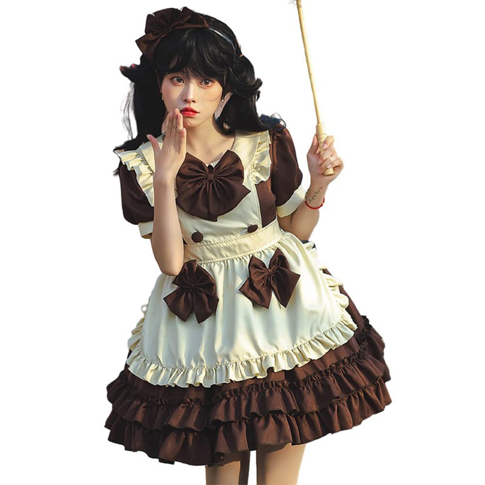 コスプレ メイド服 コーヒー色 ブラック 蝶結ぶ エプロン カチューシャ ハロウィン 仮装 レディース セクシー 衣装 可愛い 大人用 ワンピース ニーハイソックス付き (M, コ 32517