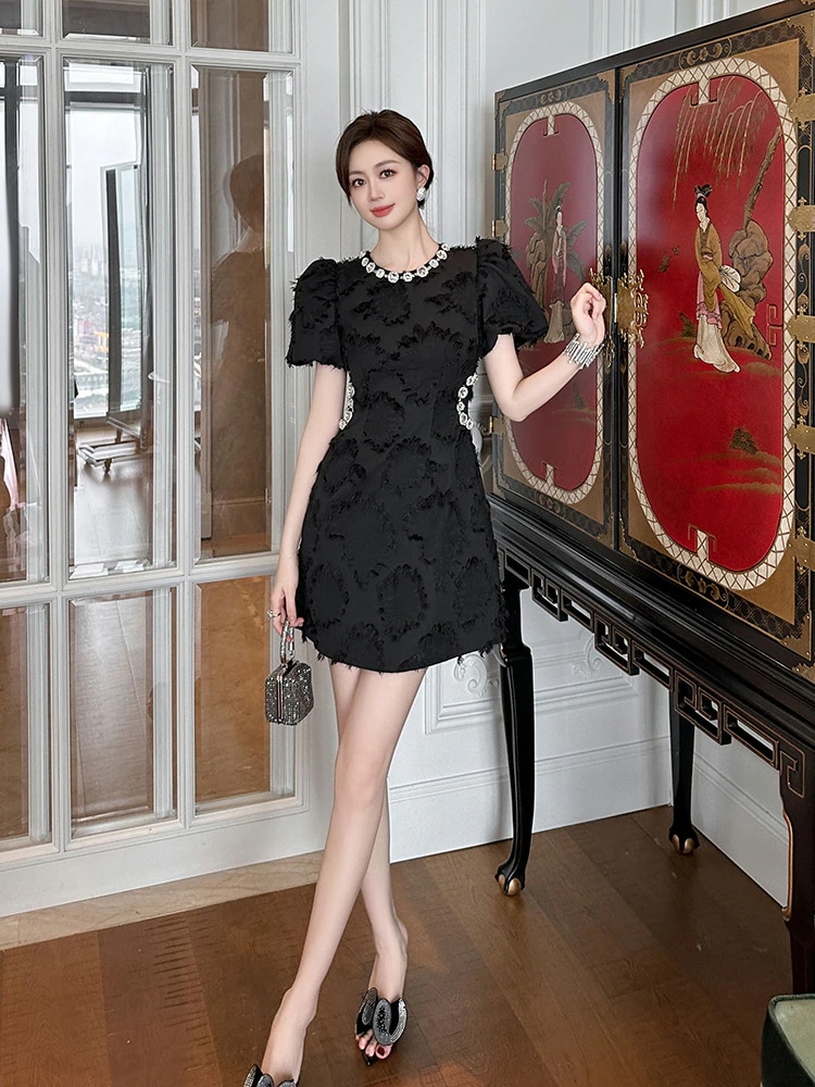 2024夏新品 aライン ダイヤモンド飾り ショートワンピ ドレス パーティー キャバ 着痩せ 大人 同窓会 披露宴 卒業式 結婚式 演奏会 ウェディング 二次会 メガ割30%までに制限